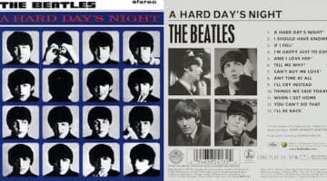 The front and back covers of the Beatles LP of A Hard Day's Night