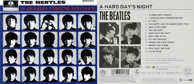 The front and back covers of the Beatles LP of A Hard Day's Night